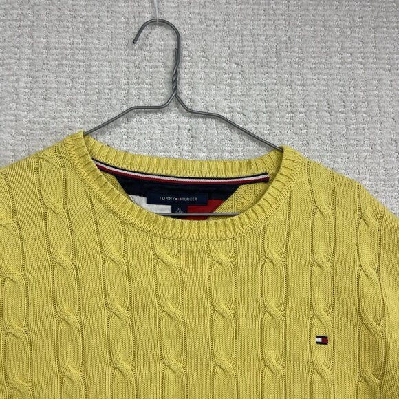 Vintage Tommy Hilfiger Cable Knit Sweater Yellow Men XL Preppy Grandpa Pullover - Picture 2 of 10